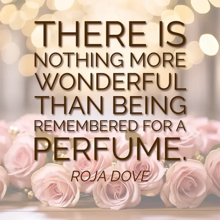 Quote from Roja Dove about the power of fragrance and memory, set against a backdrop of pale pink roses